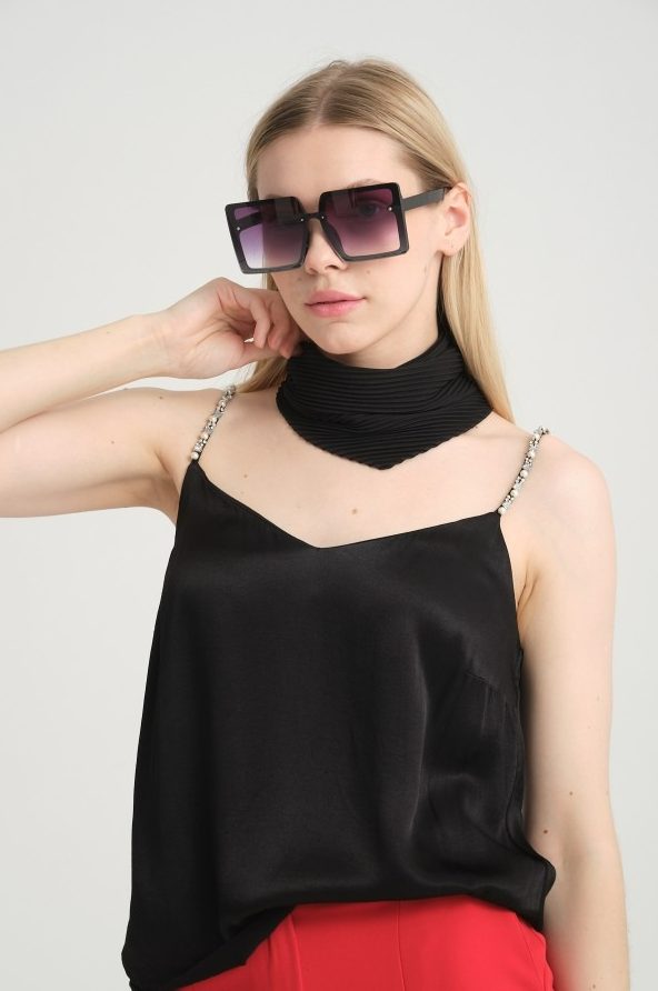 1 Siyah Piliseli Saten Bandana Fular toptan