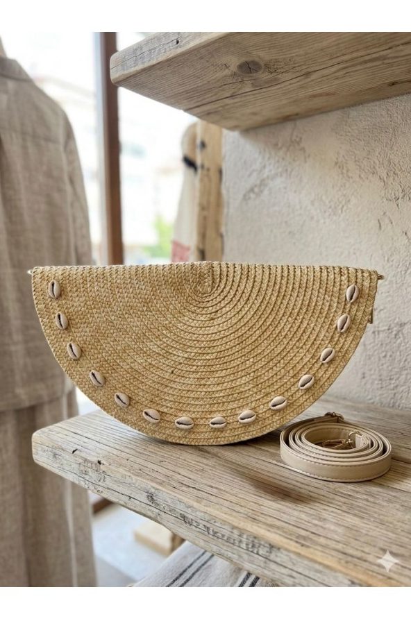 Bej Denizkabuğu Desenli Hasır Çanta 39x20 cm toptan