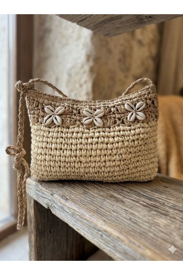 Bej Denizkabuğu Detaylı El Örgüsü Hasır Çanta 28x21 cm toptan