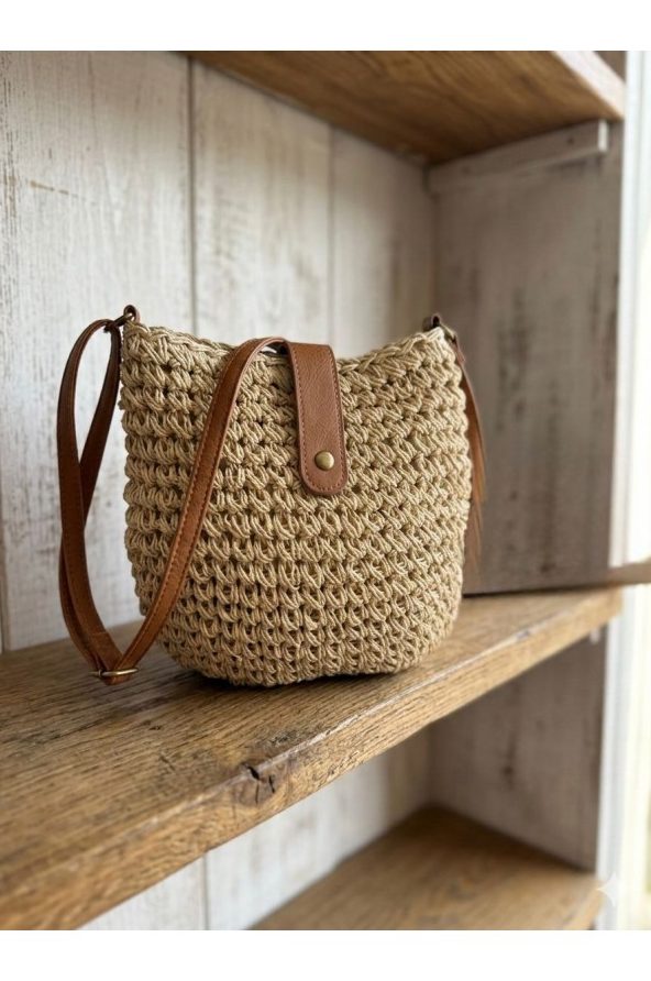 Bej El Örgüsü Hasır Çanta 24x23 cm toptan