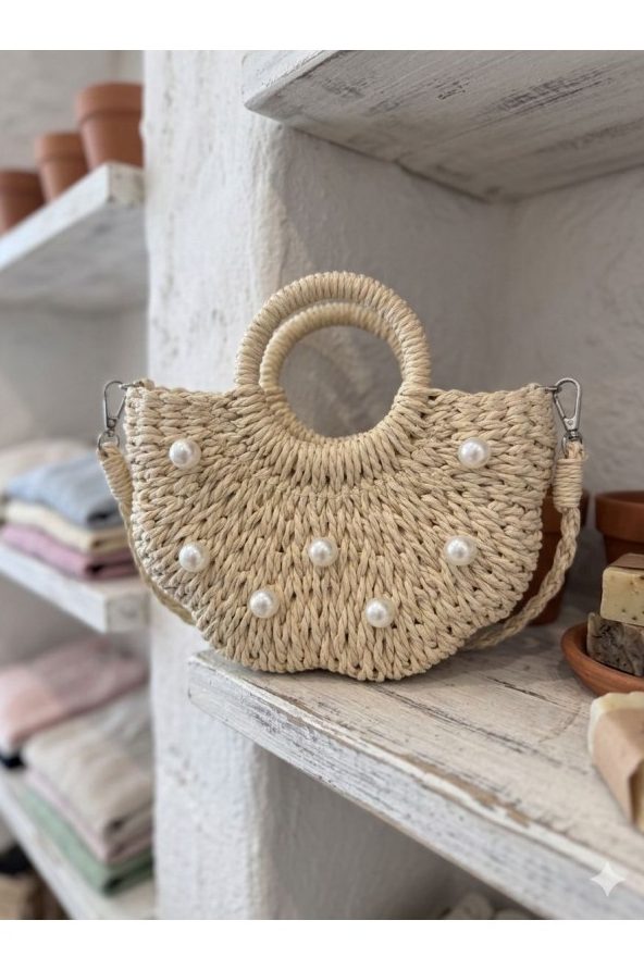 Bej İncili Hasır Çanta 22x21x7 cm toptan