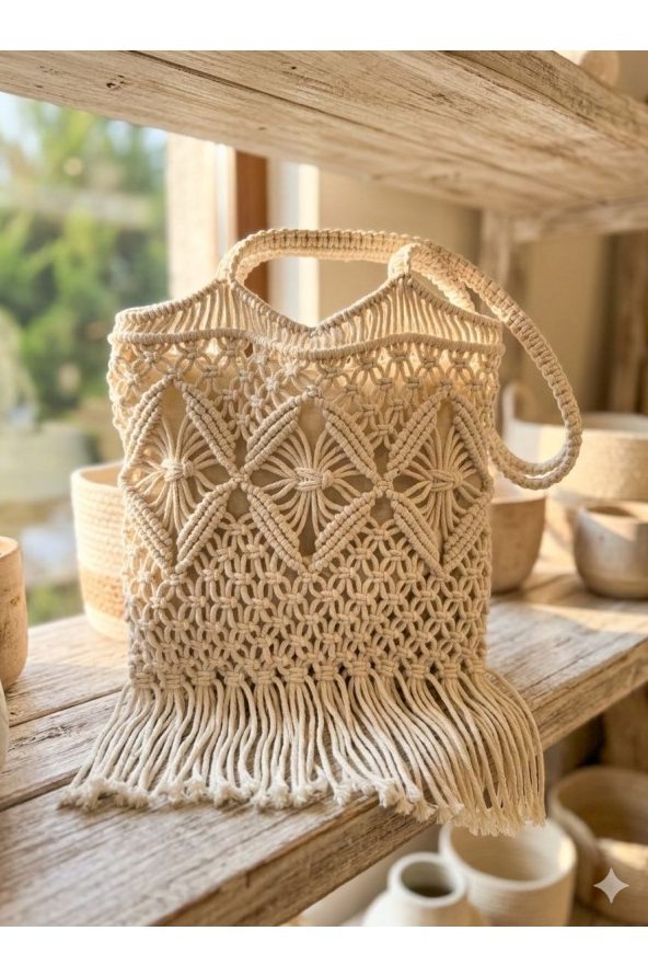 Bej Lastikli Astarlı El Örgüsü Hasır Çanta 30x30x15 cm toptan