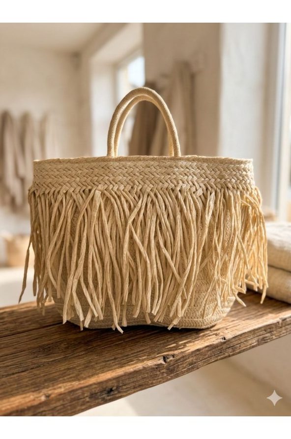 Bej Saçaklı Hasır Çanta 41x29 cm toptan