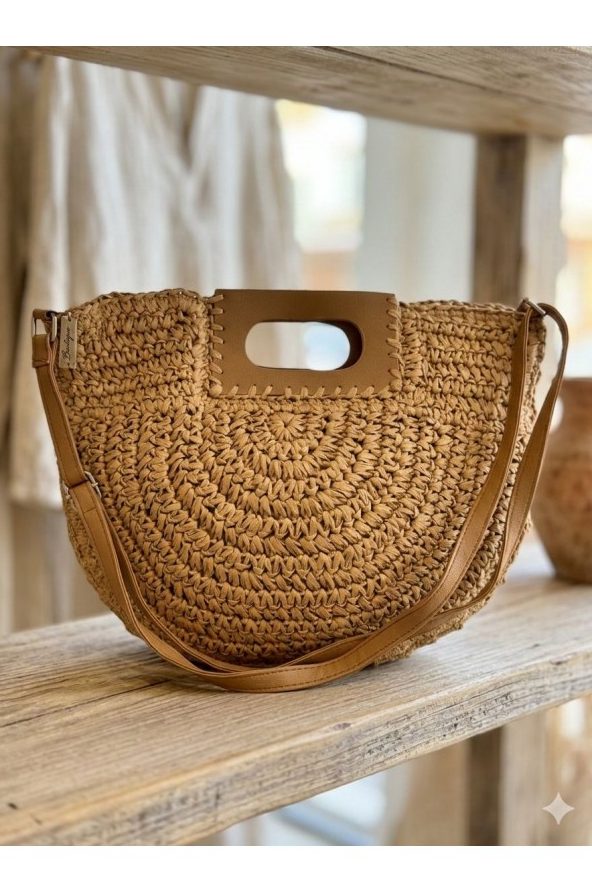 Camel Fermuarlı Hasır Çanta toptan