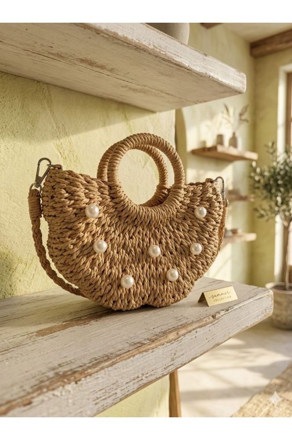 Camel İncili Hasır Çanta 22x21x7 cm toptan
