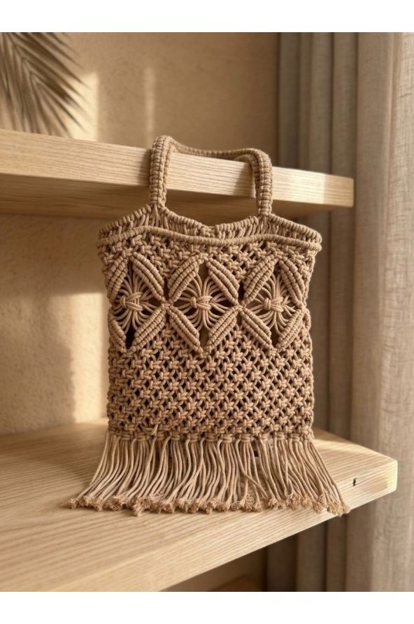Camel Lastikli Astarlı El Örgüsü Hasır Çanta 30x30x15 cm toptan