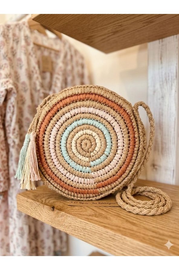 Camel Mini Cepli El Örgüsü Hasır Çanta 28x29 cm toptan