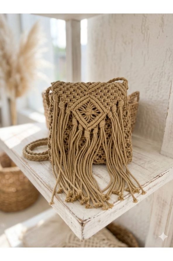Camel Saçaklı El Örgüsü Hasır Çanta 24x21 cm toptan