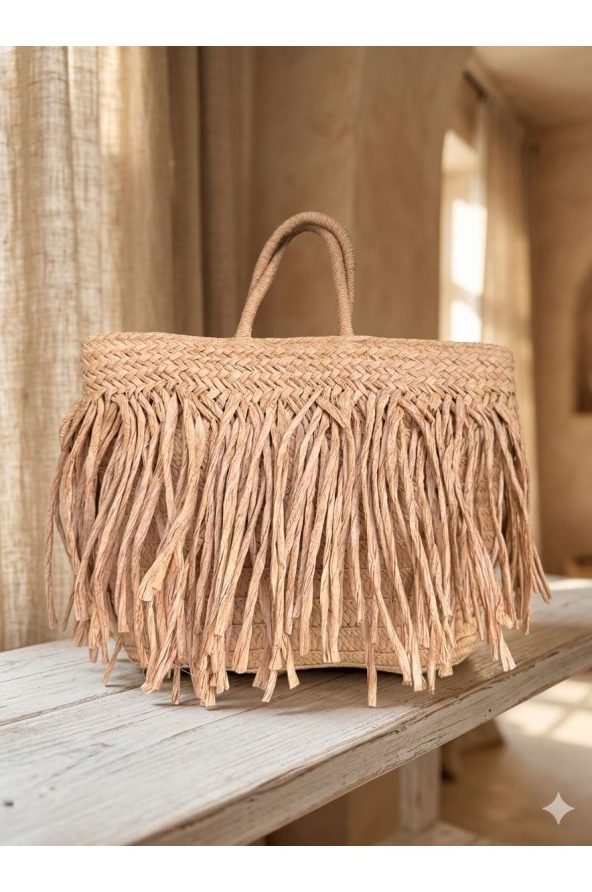 Camel Saçaklı Hasır Çanta 41x29 cm toptan