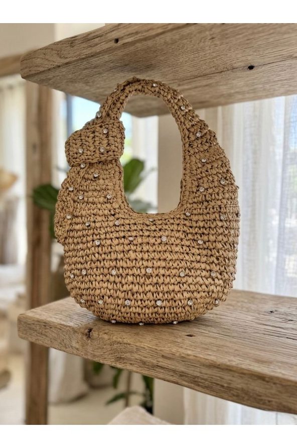 Camel Taşlı Fermuarlı Hasır Çanta toptan