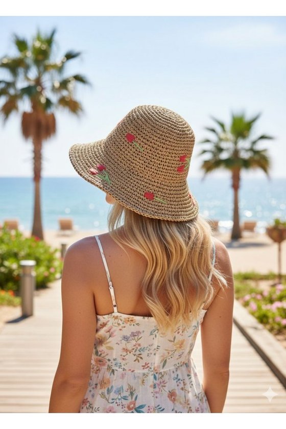 El Orgusu Kiraz Nakisli Camel Hasir Sapka toptan