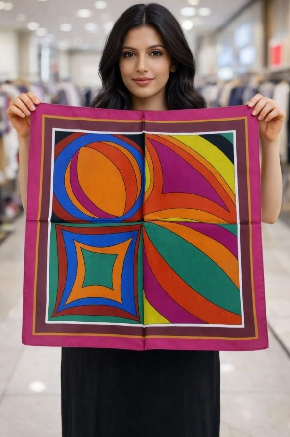 Geometrik Desenli Mor Saten Bandana Fular toptan