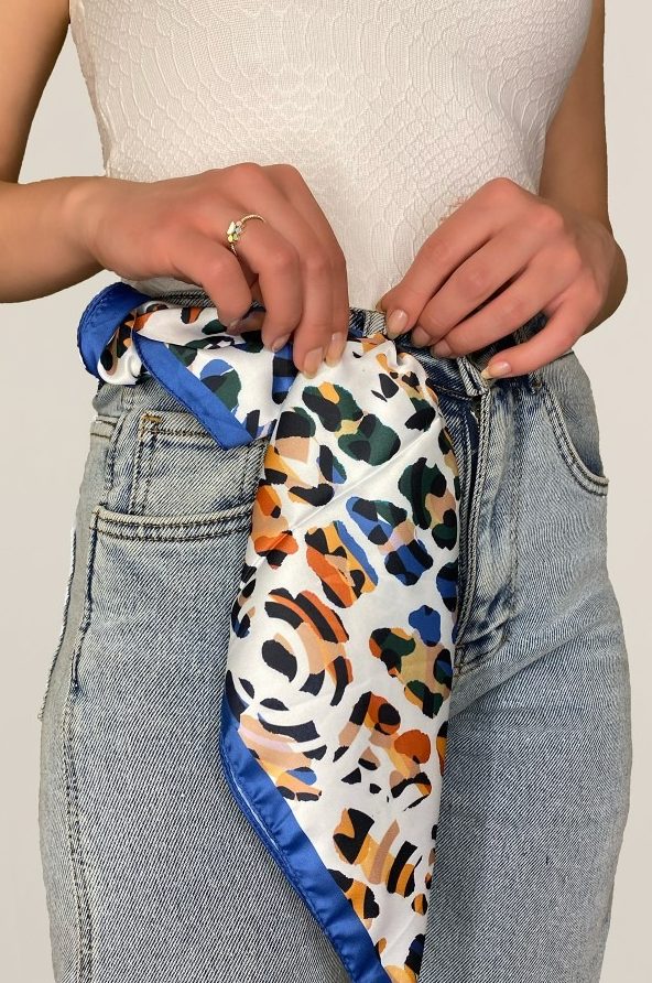 Leopar Desenli Saks Mavi Bandana Fular toptan