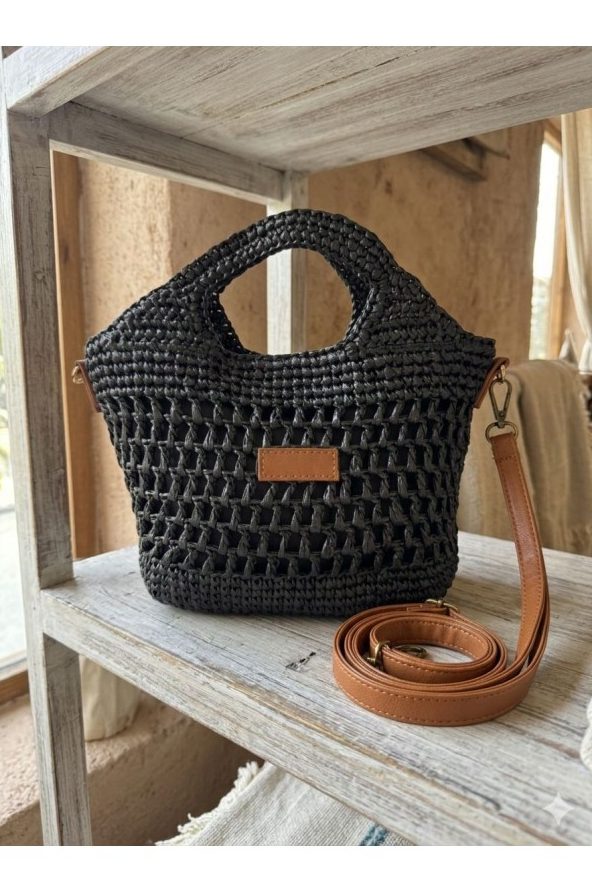 Siyah Çıtçıtlı Hasır Çanta 30x26x7 cm toptan