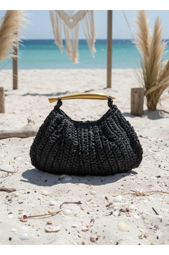 Siyah Çıtçıtlı Hasır Çanta 33x20 cm toptan