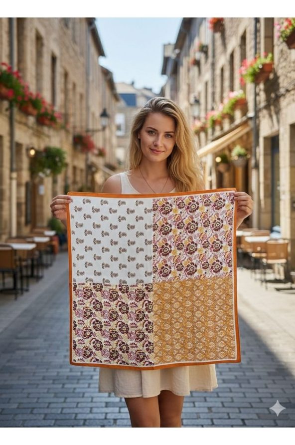 Turuncu Desenli Bandana Fular 70x70 cm toptan