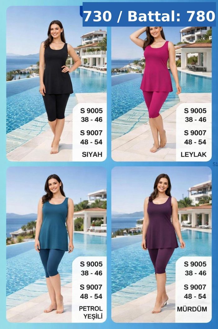 Yarı Tesettür Mayo S9007 Siyah-Leylak-Petrol-Murdum toptan