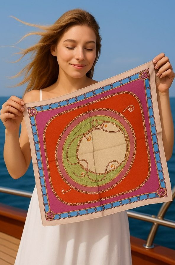 Zincir Desenli Bej Fular 70x70 cm toptan