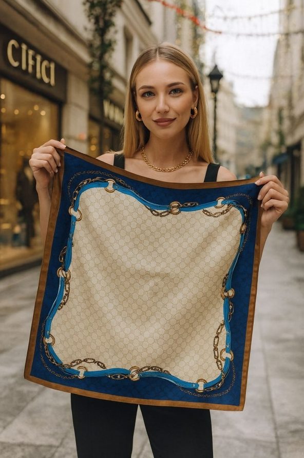 Zincir Desenli Lacivert Fular 70x70 cm toptan