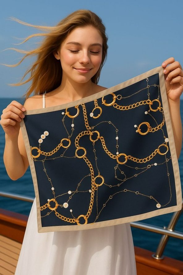 Zincir Desenli Siyah Bandana Fular toptan